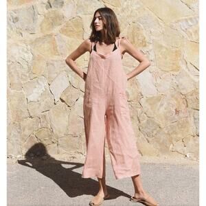 Meo Meli Pink 100% Linen Baggy Crop Wide Leg Cargo Overalls Beachy Boho Coastal